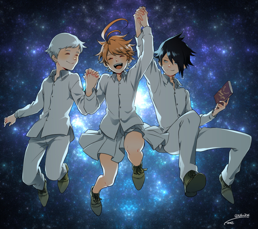 1girl 2boys ahoge black_hair closed_eyes eme_(204) emma_(yakusoku_no_neverland) hand_holding jumping locked_arms multiple_boys norman_(yakusoku_no_neverland) orange_hair pants ray_(yakusoku_no_neverland) shirt signature skirt star starry_background uniform white_hair white_pants white_shirt yakusoku_no_neverland