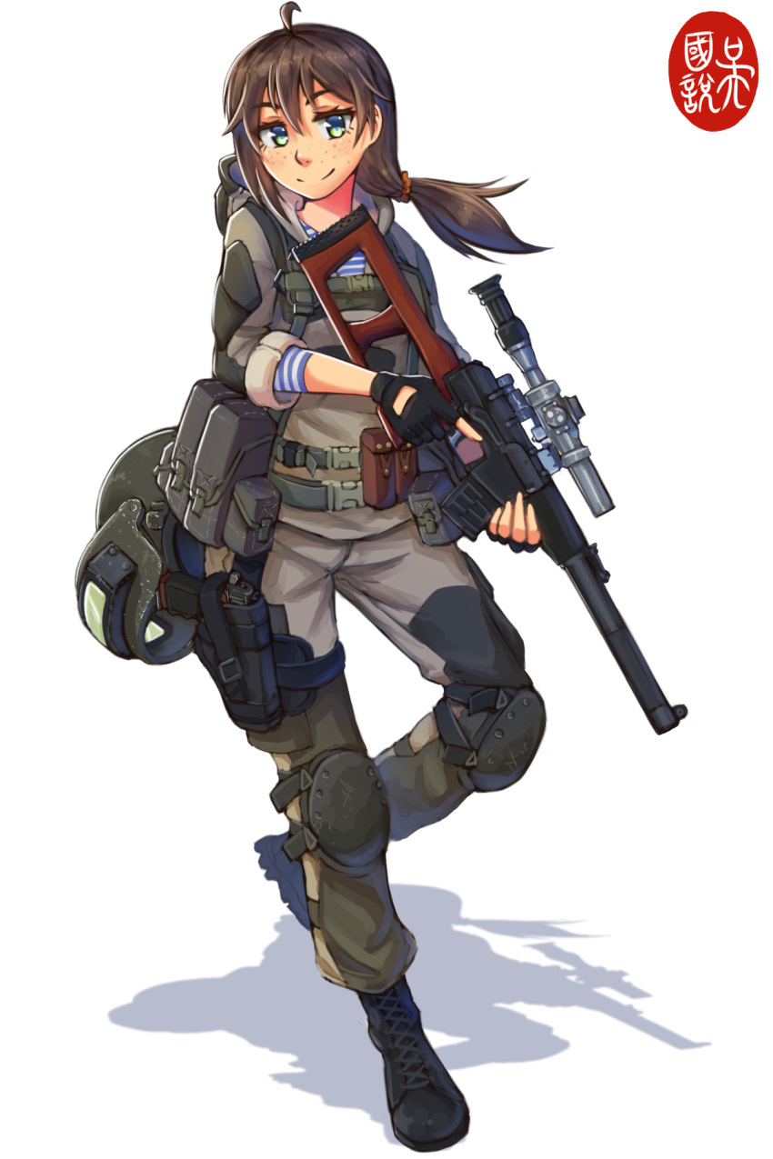 1girl brown_hair fingerless_gloves gloves green_eyes gun handgun headwear_removed helmet helmet_removed highres holding holding_gun holding_weapon holster holstered_weapon knee_pads ndtwofives original pistol ponytail pouch rifle shirt sniper_rifle striped striped_shirt vss_vintorez weapon white_background