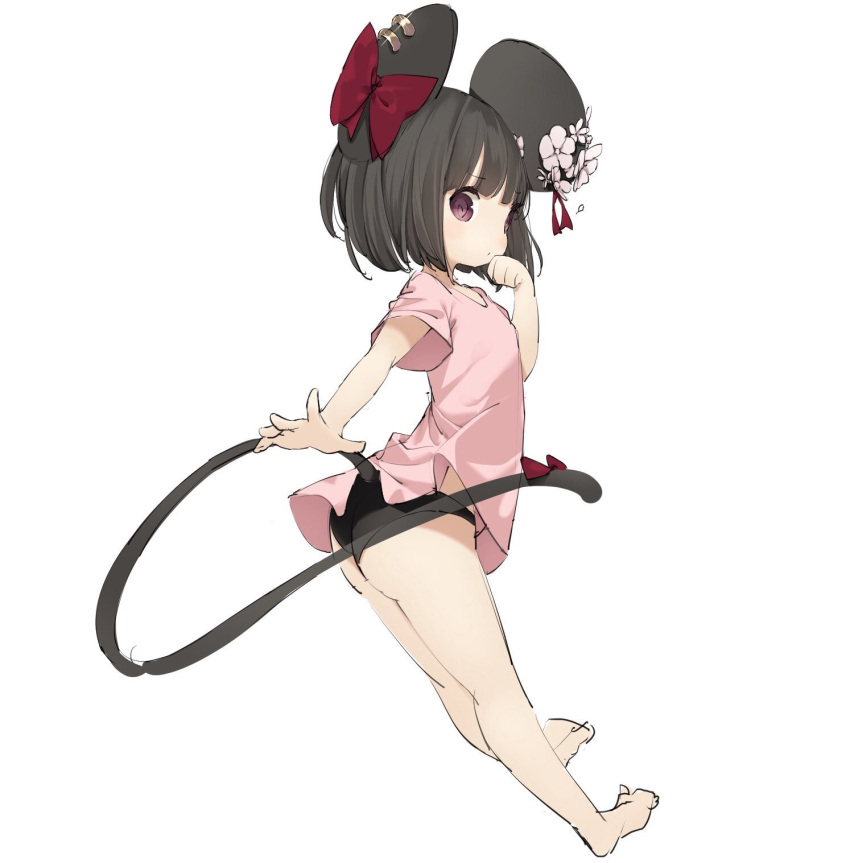 1girl animal_ears bangs bare_legs barefoot black_hair black_panties blush bow closed_mouth commentary_request ear_piercing ear_ribbon eyebrows_visible_through_hair flower hand_up highres looking_at_viewer looking_to_the_side mabuta_(byc0yqf4mabye5z) mouse_ears mouse_girl mouse_tail original panties piercing pink_shirt purple_bow shirt short_hair short_sleeves simple_background sketch solo tail underwear violet_eyes white_background white_flower