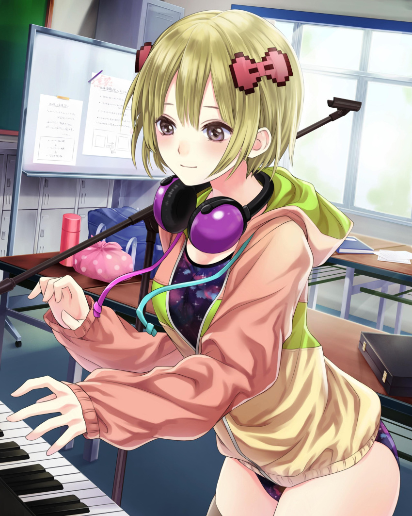 1girl absurdres blonde_hair breasts brown_eyes casual_one-piece_swimsuit classroom cowboy_shot hair_between_eyes hair_ornament headphones headphones_around_neck highres hood hooded_jacket indoors instrument jacket leaning_forward medium_breasts one-piece_swimsuit partially_unzipped piano pixel_art school_fanfare short_hair smile solo standing swimsuit