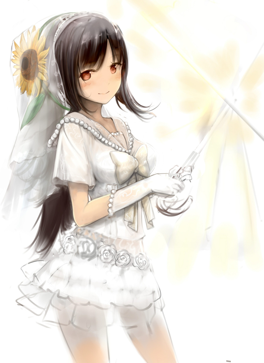 1girl bangs black_hair blurry blurry_background blush bow bridal_veil bride closed_mouth cowboy_shot elbow_gloves eyebrows_visible_through_hair flower from_side gloves grey_bow hair_flower hair_ornament highres holding holding_umbrella layered_skirt legs_apart long_hair looking_at_viewer looking_to_the_side norakon original parted_bangs pearl ponytail red_eyes sailor_collar school_uniform see-through serafuku shiny shiny_hair shirt short_sleeves skirt smile solo standing sunflower_hair_ornament two-handed umbrella veil very_long_hair white_gloves white_sailor_collar white_shirt white_skirt