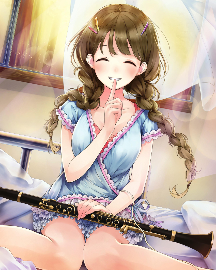 1girl absurdres bed_sheet braid closed_eyes collarbone finger_to_mouth floating_hair grin hair_over_shoulder highres index_finger_raised indoors instrument knees_together_feet_apart lens_flare long_hair open_window school_fanfare short_sleeves sitting smile solo twin_braids very_long_hair