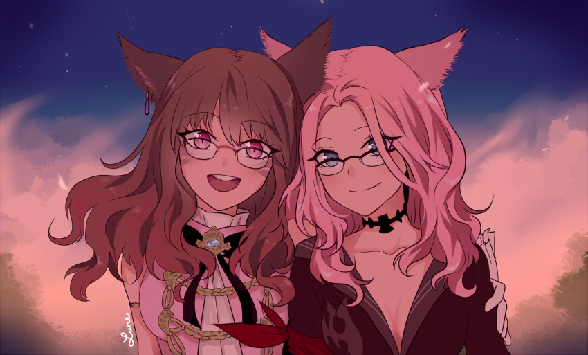 2girls animal_ears armlet blue_eyes breasts brown_hair cat_ears choker cleavage collarbone commission earrings eyebrows_visible_through_hair facial_mark final_fantasy final_fantasy_xiv glasses highres jewelry looking_at_viewer lune_(delusional-lune) medium_breasts miqo'te multiple_girls open_mouth pink_hair red_eyes signature sky slit_pupils smile star_(sky) starry_sky sunset