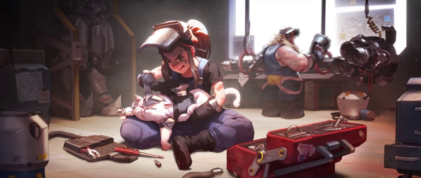 1girl artist_request bandaid beard blonde_hair brigitte_(overwatch) cat dirty_face facial_hair father_and_daughter highres jetpack_cat_(overwatch) mask mask_on_head official_art overalls overwatch ponytail shirt solo_focus t-shirt teenage tomboy tongue tongue_out torbjorn_(overwatch) whiskers_(overwatch) white_cat workshop younger