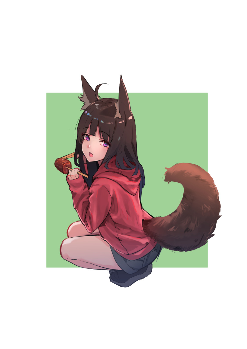 1girl :o absurdres animal_ears bangs black_footwear black_shorts blunt_bangs blush brown_hair eyebrows_visible_through_hair fang food fox_ears fox_tail from_side full_body green_background highres hood hooded_jacket jacket long_sleeves looking_at_viewer looking_to_the_side meat nekojira open_mouth original red_jacket shiny shiny_hair shorts sleeves_past_wrists solo squatting tail tail_cutout two-tone_background violet_eyes