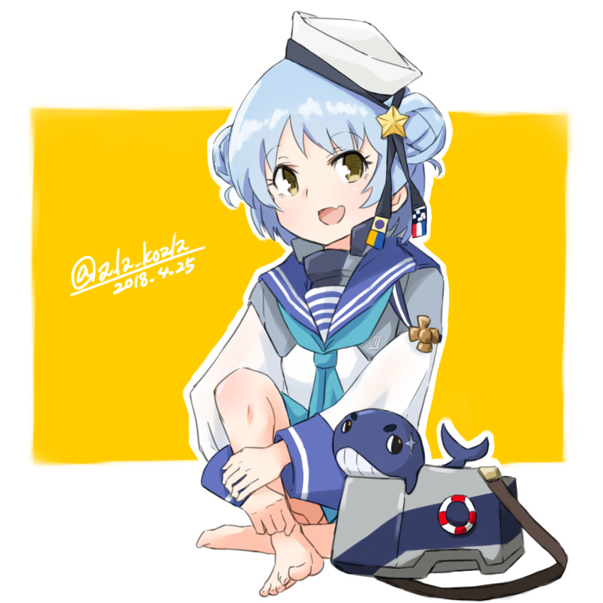 1girl alakoala_shoushou aqua_neckwear aqua_skirt barefoot black_ribbon blue_hair blue_neckwear blue_sailor_collar blue_skirt dixie_cup_hat double_bun full_body hat highres kantai_collection long_sleeves military_hat miniskirt neckerchief open_mouth pleated_skirt ribbon sailor_collar sailor_hat samuel_b._roberts_(kantai_collection) school_uniform serafuku shirt short_hair skirt sleeve_cuffs solo two-tone_background wa whale white_background white_hat white_shirt yellow_background yellow_eyes