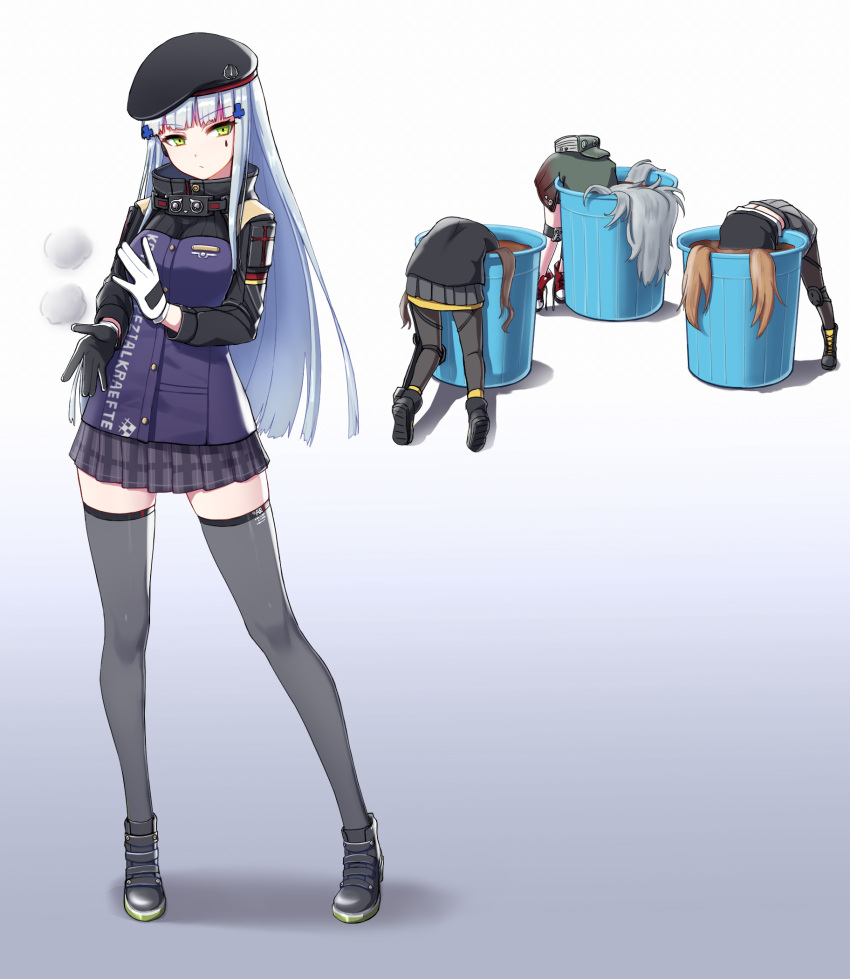 1girl 404_(girls_frontline) 4girls ankle_boots armband bangs beret black_legwear blunt_bangs boots breasts brown_hair clapping closed_mouth clothes_writing coat contrapposto cross-laced_footwear dust dust_cloud exoskeleton eyebrows_visible_through_hair facepaint g11_(girls_frontline) german_flag girls_frontline gloves green_eyes hair_ornament half-closed_eyes hat highres hk416_(girls_frontline) jacket lace-up_boots long_hair long_sleeves looking_at_viewer manme medium_breasts messy_hair multiple_girls one_side_up pantyhose plaid plaid_skirt pleated_skirt shorts silver_hair skindentation skirt teardrop thigh-highs trash_can twintails ump45_(girls_frontline) ump9_(girls_frontline) very_long_hair
