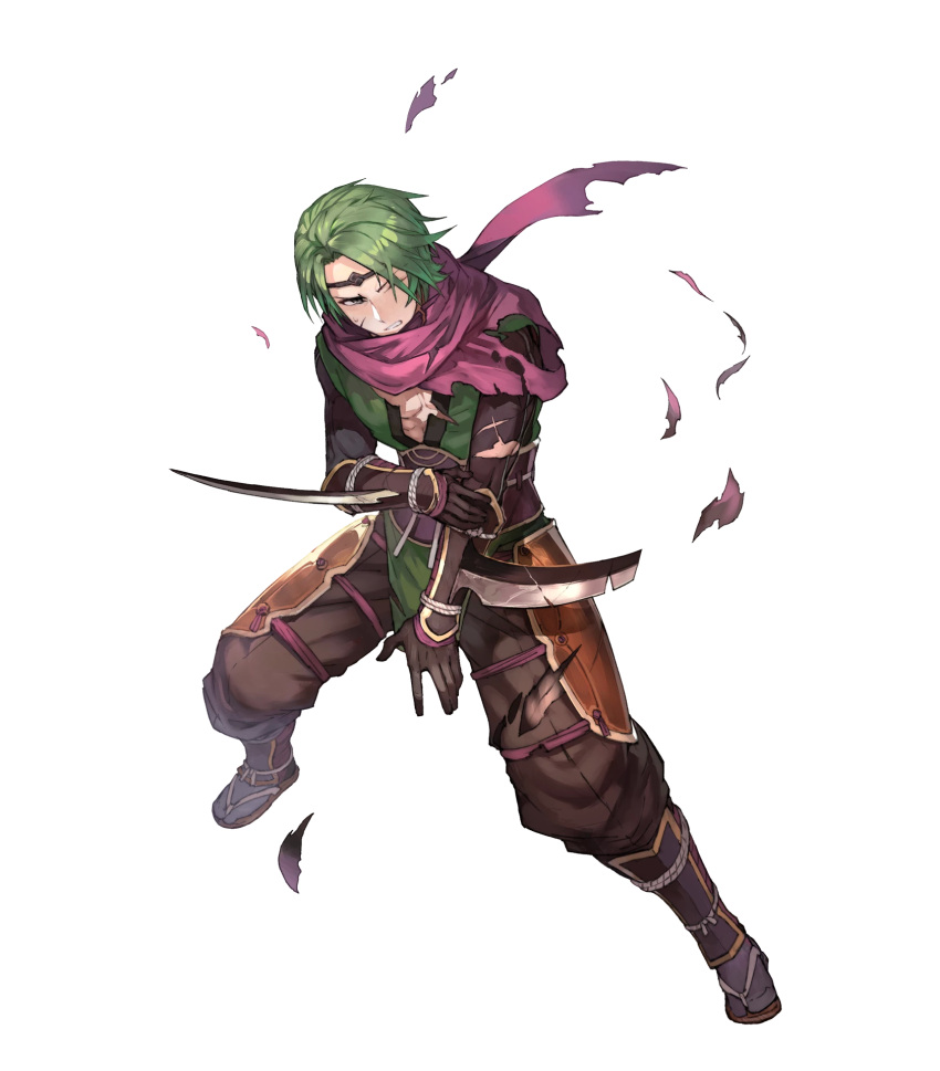 1boy brown_eyes circlet fire_emblem fire_emblem_heroes fire_emblem_if full_body gloves green_hair highres injury japanese_clothes lack male_focus official_art one_eye_closed sandals scarf solo suzukaze_(fire_emblem_if) teeth torn_clothes transparent_background
