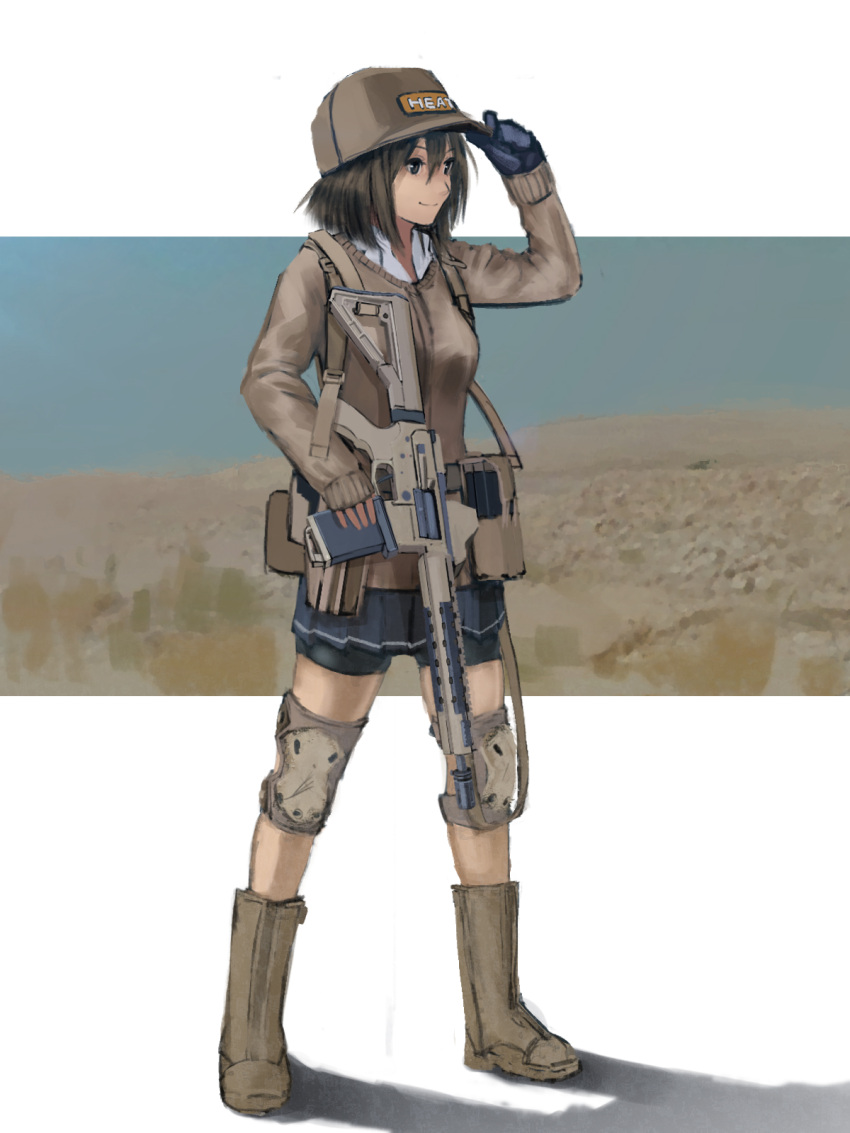 1girl adjusting_clothes adjusting_hat ar-15 bike_shorts boots brown_eyes brown_hair furukawa_herzer gloves gun hat highres knee_pads original rifle short_hair shorts_under_skirt single_glove solo weapon