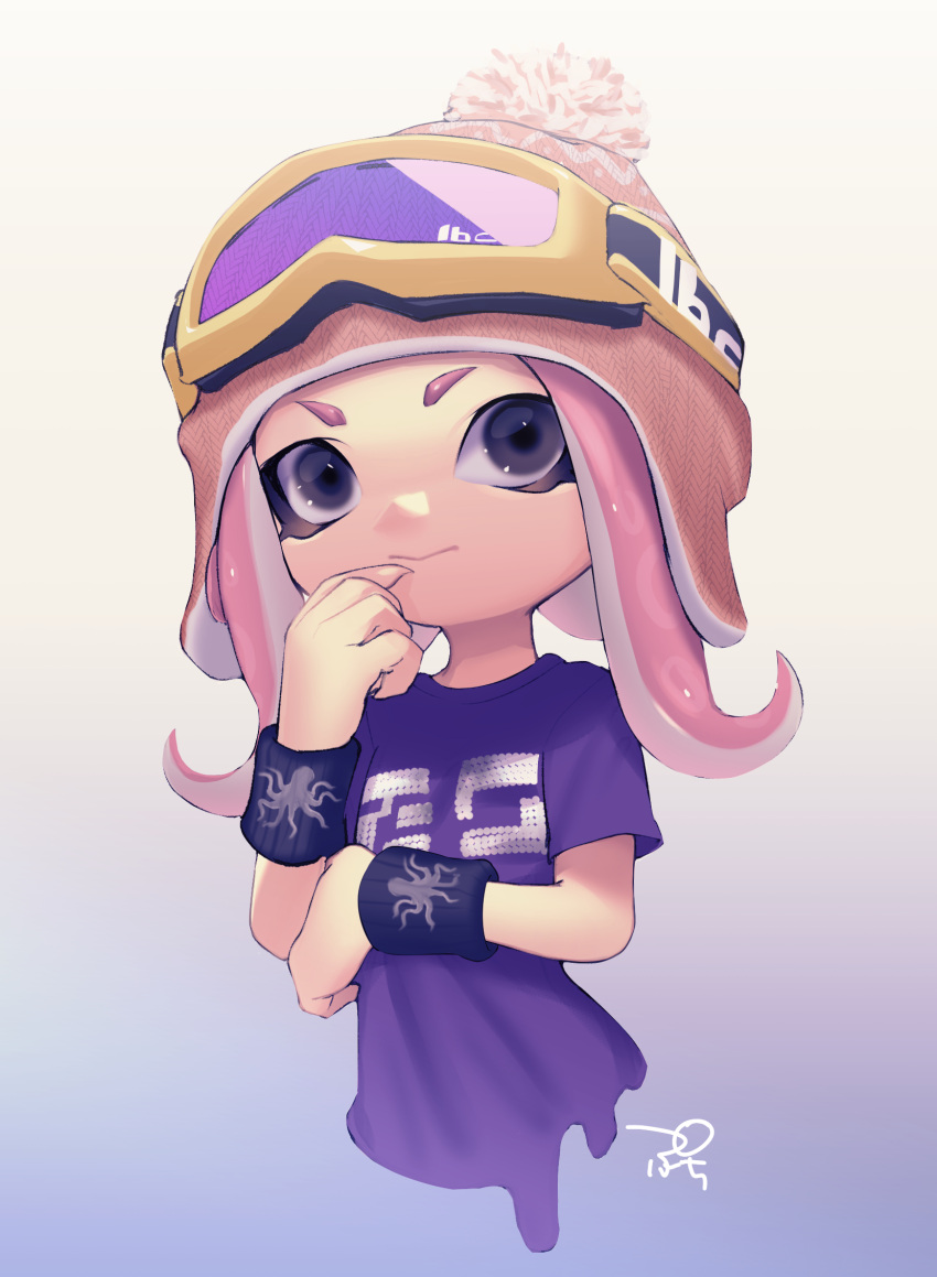 1girl arm_grab artist_name black_eyes bobblehat closed_mouth cropped_torso emblem goggles goggles_on_headwear gradient gradient_background hat highres inkling_(language) light_smile looking_at_viewer makeup mascara multicolored multicolored_background octoling octopus pink_hair pink_hat pink_shirt puchiman shirt short_hair short_sleeves sidelocks signature solo splatoon splatoon_2 standing t-shirt tentacle_hair upper_body wristband