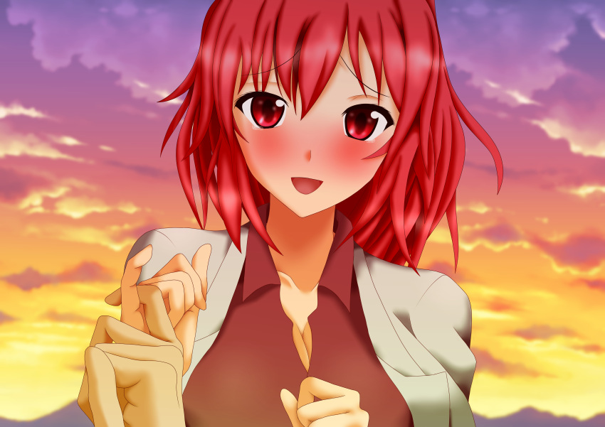 1girl :d absurdres blush breasts cleavage full-face_blush highres horikawa_raiko jacket large_breasts looking_at_viewer miyabi_hakuro open_mouth pinky_swear pov pov_hands red_eyes redhead short_hair smile solo_focus sunset touhou twilight