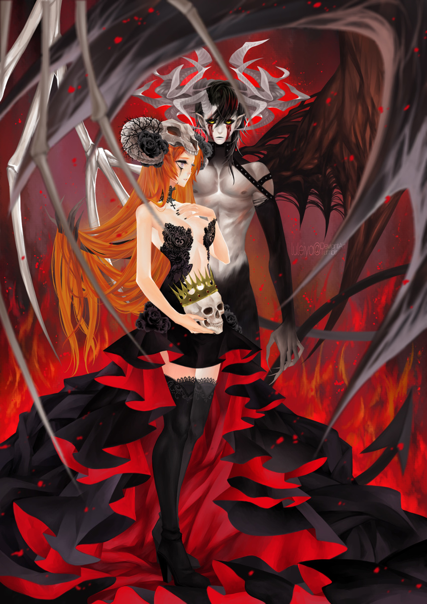 1boy 1girl alexa_pasztor asymmetrical_wings black_dress black_footwear black_hair black_wings bleach boots breasts cleavage cross cross_necklace crown demon detached_sleeves dress facial_mark full_body hair_between_eyes hand_in_another's_hair high_heel_boots high_heels highres holding_skull horns inoue_orihime jewelry long_hair medium_breasts necklace short_dress sideboob skull sleeveless sleeveless_dress standing striped striped_dress thigh-highs thigh_boots ulquiorra_cifer very_long_hair wings yellow_eyes