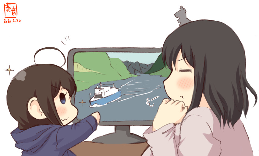 2girls :3 ahoge alternate_costume artist_logo black_hair blue_eyes blue_hoodie boat brown_hair child closed_eyes commentary_request dated grey_shirt hair_ornament hood hood_down hoodie kanon_(kurogane_knights) kantai_collection long_sleeves monitor multiple_girls nice_boat shigure_(kancolle) shirt simple_background smile sparkle watercraft white_background yamashiro_(kancolle) younger