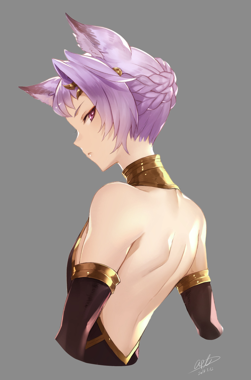 1boy animal_ears apt backless_outfit bangs bare_back bare_shoulders black_dress braid closed_mouth commentary_request dated detached_sleeves dress erune granblue_fantasy grey_background hair_ornament highres looking_at_viewer looking_back male_focus open-back_dress profile purple_hair quatre_(granblue_fantasy) short_hair shoulder_blades simple_background single_hair_intake solo twitter_username violet_eyes