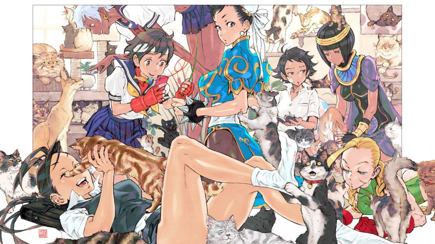 6+girls animal animal_on_head artist_request black_hair blonde_hair cammy_white chun-li circlet dark_skin elena_(street_fighter) headband highres ibuki_(street_fighter) kasugano_sakura lying makoto_(street_fighter) menat multiple_girls official_art on_back on_head on_stomach pet_collar purple_hair sailor_collar school_uniform skirt smile street_fighter street_fighter_ii_(series) street_fighter_iii_(series) street_fighter_v street_fighter_zero_(series) tail