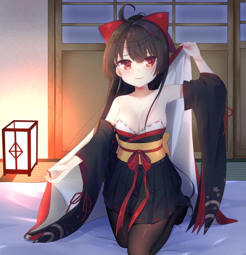 1girl agano_(azur_lane) azur_lane bare_shoulders black_hair black_legwear bow breasts cleavage commentary_request futon hair_bow hair_ribbon japanese_clothes kimono kimono_skirt kneeling koko_ne_(user_fpm6842) long_hair looking_at_viewer obi off_shoulder pantyhose pleated_skirt red_eyes ribbon sash skirt smile solo tatami