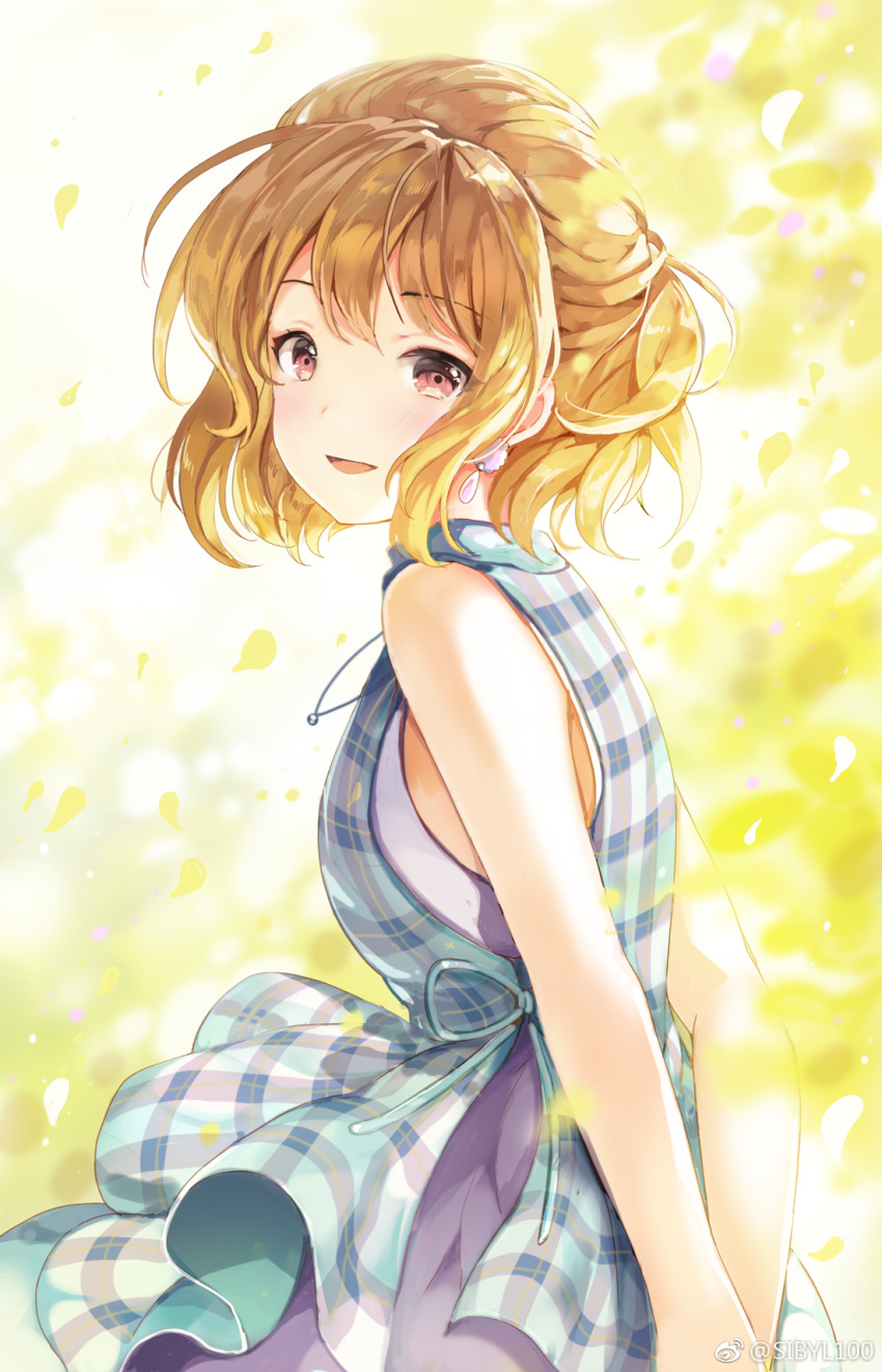 1girl :d arms_behind_back bare_arms bare_shoulders brown_hair checkered checkered_dress commentary dress earrings eyebrows_visible_through_hair highres jewelry looking_at_viewer open_mouth original petals pink_eyes sibyl smile solo standing