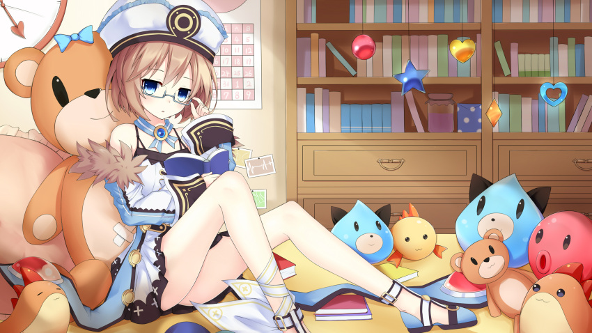1girl absurdres ass bare_legs bare_shoulders blanc blue_eyes book bookshelf brown_hair coat commentary commentary_request dogoo dress fur_trim glasses hat highres holding holding_book indoors knees_up leaning_back leaning_on_object legs long_sleeves looking_at_viewer neptune_(series) open_mouth poinia short_hair solo spaghetti_strap stuffed_animal stuffed_toy teddy_bear thighs white_dress wide_sleeves