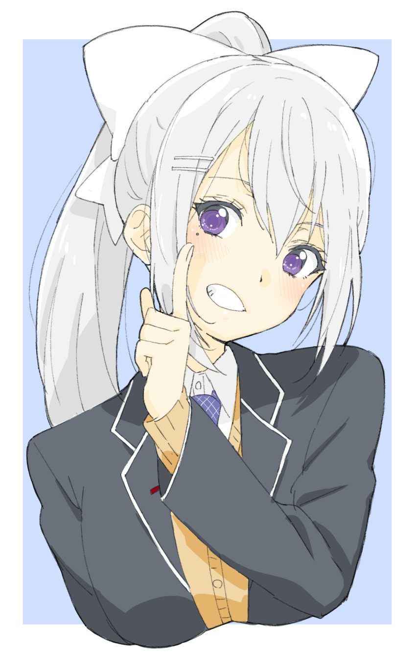 1girl absurdres blush bow cardigan donguri_suzume grin hair_bow hair_ornament hairclip highres higuchi_kaede index_finger_raised jacket long_hair looking_at_viewer necktie nijisanji open_clothes open_jacket ponytail purple_neckwear school_uniform silver_hair smile solo violet_eyes virtual_youtuber white_bow