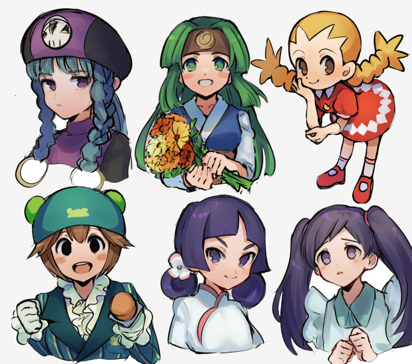 6+girls aqua_hair ayanokouji_yaito bangs bent_over black_eyes blonde_hair blush blush_stickers bouquet braid breasts brown_eyes brown_hair capcom child collar dress flower frilled_collar frilled_sleeves frills fringe gloves green_eyes green_hair hair_bun hair_ornament hair_rings hand_on_own_cheek hand_on_own_elbow hat headband holding holding_bouquet holding_microphone japanese_clothes jasmine_(rockman_exe) kido_shuuko kimono kuroi_miyuki long_hair looking_to_the_side medium_breasts microphone midorikawa_kero mugshot multiple_girls nakafuji_eiji open_mouth purple_hair red_dress red_footwear rockman rockman_exe rockman_exe_2 rockman_exe_5 saroma shoes short_hair sidelocks simple_background smile teeth twintails violet_eyes white_background white_gloves worried