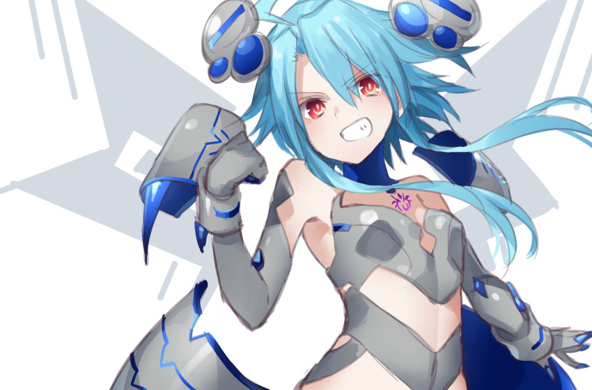 1girl bare_shoulders blancpig_yryr blue_hair clenched_hand elbow_gloves gloves grin highres looking_at_viewer midriff nepnep_connect:_chaos_chanpuru neptune_(series) power_symbol red_eyes short_hair_with_long_locks smile solo symbol-shaped_pupils tattoo white_heart_(chaos_form)