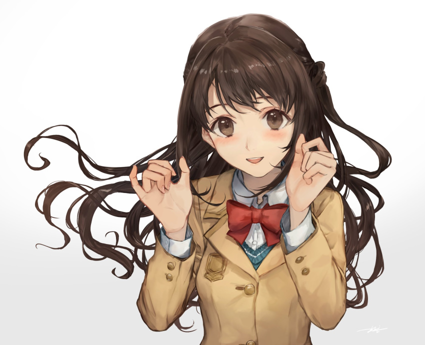 1girl blazer blush bow bowtie brown_eyes brown_hair collared_shirt emblem gradient gradient_background half_updo hands_up highres idolmaster idolmaster_cinderella_girls jacket kouzuki_kei long_hair looking_at_viewer one_side_up open_mouth red_bow shimamura_uzuki shirt signature smile solo upper_body