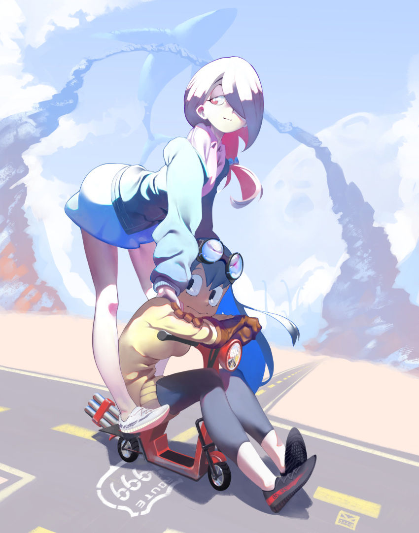 2girls :&gt; asui_tsuyu bearthemighty boku_no_hero_academia casual crossover eyelashes gloves goggles goggles_on_head ground_vehicle hair_over_one_eye highres limited_palette little_witch_academia long_hair looking_to_the_side moped motor_vehicle multiple_girls purple_hair road scooter shoes side_ponytail sitting smile sneakers sucy_manbavaran sweater whale