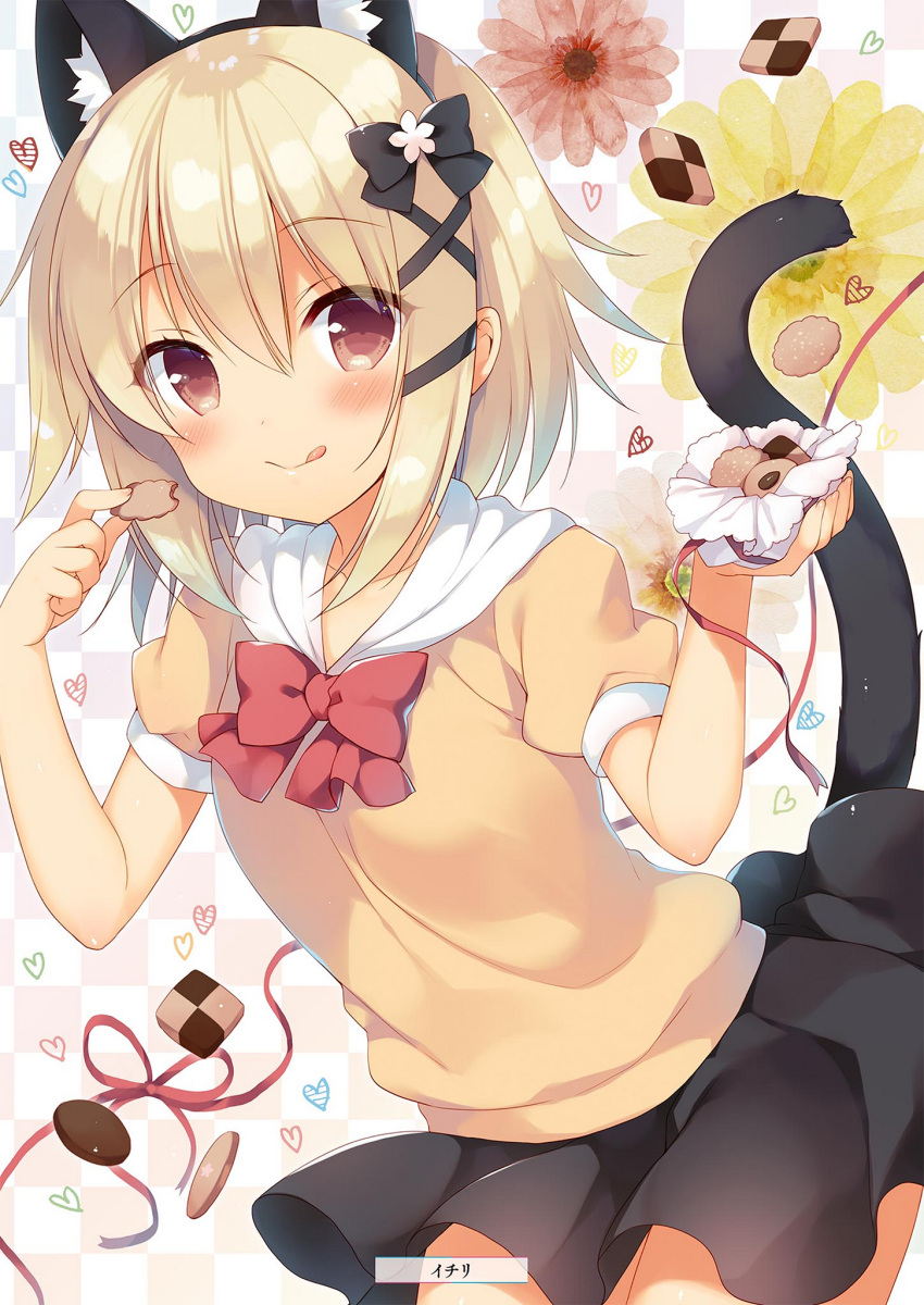 1girl :&gt; :q alice_or_alice animal_ears artist_name black_bow black_ribbon black_skirt blush bow brown_eyes brown_hair cat_ears cat_tail checkered checkered_background checkered_cookie closed_mouth eyebrows_visible_through_hair flower hair_between_eyes hair_bow hair_ribbon heart highres leaning_forward looking_at_viewer mako_(alice_or_alice) pink_ribbon red_bow ribbon sazaki_ichiri scan short_sleeves skirt smile solo tail tongue tongue_out
