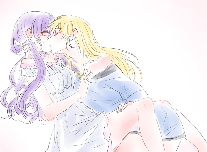 2girls ayase_eli bare_shoulders blush closed_eyes cross cross_necklace e_len hair_down hand_on_another's_neck hand_on_another's_thigh jewelry kiss long_hair love_live! love_live!_school_idol_project multiple_girls multiple_persona necklace off_shoulder purple_hair toujou_nozomi white_background yuri