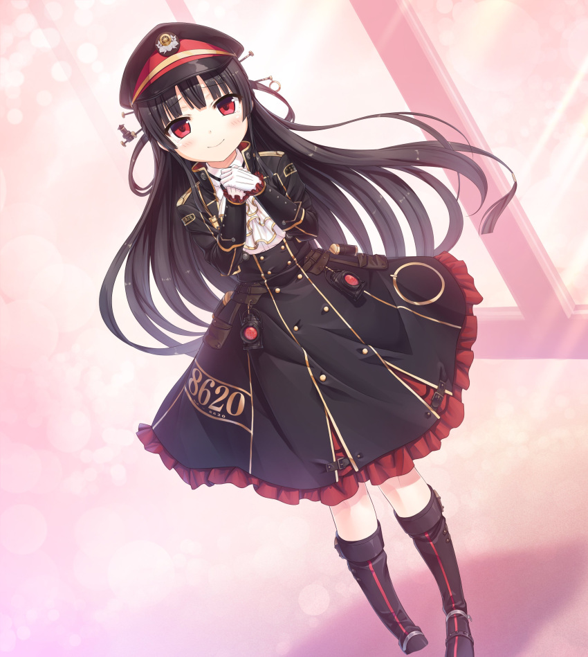 1girl absurdres bangs black_footwear black_hair black_hat black_jacket black_skirt blush boots closed_mouth cura dutch_angle eyebrows_visible_through_hair gloves hachiroku_(maitetsu) hair_ornament hair_rings hat highres jacket knee_boots long_hair long_sleeves looking_at_viewer maitetsu open_clothes open_jacket peaked_cap pleated_skirt red_eyes shirt skirt sleeves_past_wrists smile solo standing very_long_hair white_gloves white_shirt