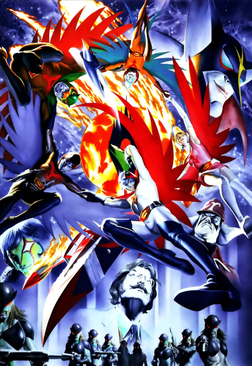 70s absolutely_everyone aiming_at_viewer aircraft alex_ross alien angry antennae armor belt berg_katse bird blade boomerang boots cape character_request energy epic everyone facial_hair falling fangs fire gatchaman glasses gloves god_phoenix googles grin gun handgun helmet highres insignia jinpei_the_swallow joe_the_condor jun_the_swan ken_the_eagle labcoat long_hair mask milky_way mullet mustache nanbu_kouzaburou necktie official_style oldschool phoenix realistic red_eyes red_impulse running ryu_the_owl scan science_fiction screen serious shiny skirt smile smirk soldier space_craft star star_(sky) starry_background submachine_gun traditional_media uniform washio_kentaro weapon