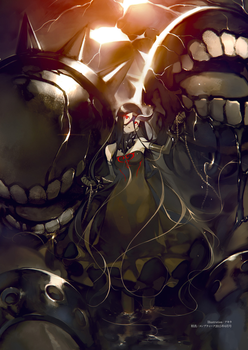 akira_(kadokawa) battleship_water_oni black_dress crossed_bangs dress glowing glowing_eyes highres horn horns kantai_collection official_art oni_horns pale_skin shinkaisei-kan spikes strapless strapless_dress white_skin