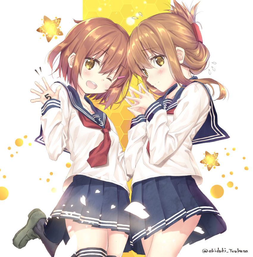 2girls akitsuki_tsukasa anchor_symbol black_legwear black_sailor_collar black_skirt brown_eyes brown_hair cowboy_shot folded_ponytail hair_ornament hairclip highres ikazuchi_(kantai_collection) inazuma_(kantai_collection) kantai_collection kneehighs long_hair multiple_girls neckerchief open_mouth pleated_skirt red_neckwear sailor_collar school_uniform serafuku short_hair skirt star starry_background thigh-highs twitter_username two-tone_background