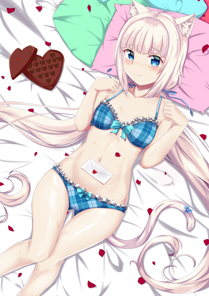 1girl absurdres animal_ears bangs bare_shoulders bed_sheet bikini blue_eyes blunt_bangs blush box cat_ears cat_tail chocolate chocolate_heart collarbone commentary commission english_commentary eyebrows_visible_through_hair frilled_bikini frills gluteal_fold heart heart-shaped_box highres letter long_hair looking_at_viewer love_letter low_twintails nekopara petals pillow plaid plaid_bikini ryuu_shuo solo swimsuit tail tail_ornament thigh_gap twintails valentine vanilla_(sayori) white_hair