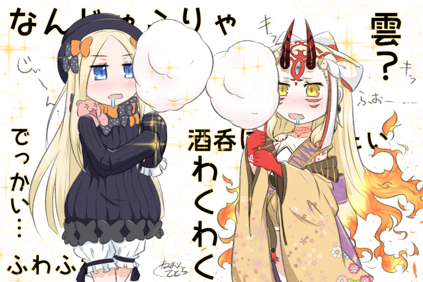 2girls abigail_williams_(fate/grand_order) bangs black_bow black_dress black_hat blonde_hair bloomers blue_eyes blush bow breasts bug butterfly commentary_request cotton_candy dress drooling eyebrows_visible_through_hair facial_mark fate/grand_order fate_(series) fiery_hair floral_print food forehead forehead_mark hair_bow hat highres holding holding_food horns ibaraki_douji_(fate/grand_order) insect japanese_clothes kimono long_hair long_sleeves multiple_girls neon-tetora nose_blush off_shoulder oni oni_horns orange_bow parted_bangs polka_dot polka_dot_bow print_kimono saliva simple_background sleeves_past_fingers sleeves_past_wrists small_breasts sparkle stuffed_animal stuffed_toy teddy_bear translation_request underwear very_long_hair white_background white_bloomers yellow_kimono