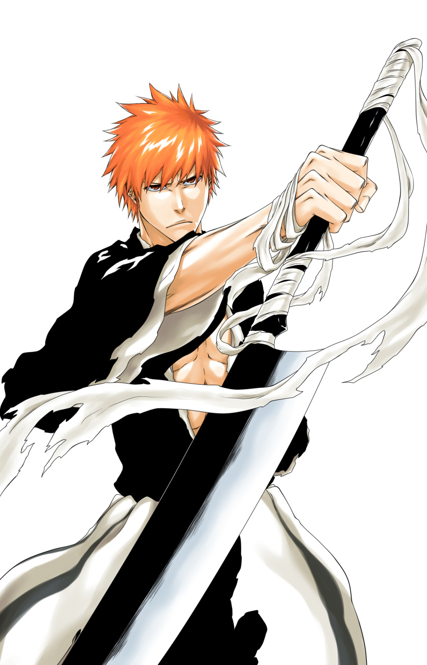 1boy absurdres bandage black_kimono bleach bleachist brown_eyes hair_between_eyes highres holding holding_sword holding_weapon japanese_clothes kimono kurosaki_ichigo male_focus official_style orange_hair solo spiky_hair standing sword torn_clothes torn_kimono weapon