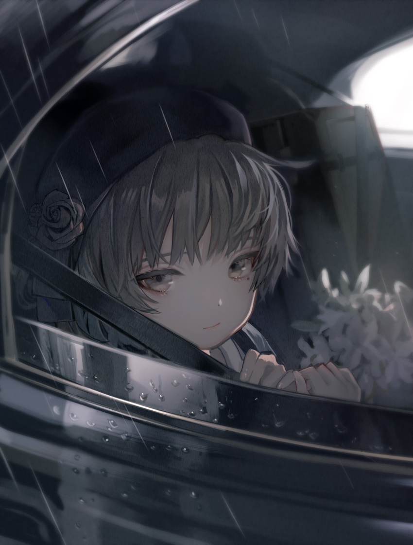 1girl absurdres bangs beret black_hat black_ribbon brown_eyes brown_hair car_interior closed_mouth commentary_request day fingernails flower hair_flower hair_ornament hat hatoba_tsugu hatoba_tsugu_(character) highres holding looking_at_viewer mole mole_under_eye outdoors rain ribbon rose seatbelt solo ukai_saki virtual_youtuber water_drop white_flower