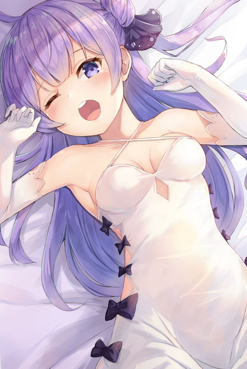 1girl ahoge azur_lane bangs bare_shoulders black_bow blush bow breasts breasts_apart collarbone commentary_request criss-cross_halter dress dutch_angle elbow_gloves eyebrows_visible_through_hair gloves hair_bun hair_ornament hair_ribbon halter_dress halterneck hands_up highres long_hair looking_at_viewer lying motokonut on_side one_eye_closed purple_hair ribbon round_teeth side_bun small_breasts solo tearing_up teeth unicorn_(azur_lane) upper_teeth violet_eyes white_dress white_gloves