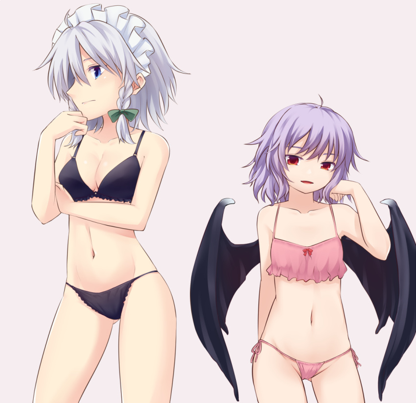 2girls adjusting_hair bare_arms bare_shoulders bat_wings black_bra black_panties blue_eyes bow bra braid breasts cleavage collarbone commentary_request cowboy_shot flat_chest gluteal_fold green_bow grey_background groin hair_between_eyes hair_bow hand_on_own_chin hand_up head_tilt izayoi_sakuya lavender_hair looking_at_viewer maid_headdress medium_breasts miyo_(ranthath) multiple_girls navel no_hat no_headwear panties parted_lips pink_bra pink_panties profile red_bow red_eyes remilia_scarlet short_hair side-tie_panties silver_hair simple_background standing stomach touhou twin_braids underwear underwear_only wings