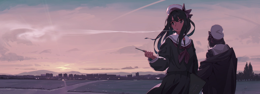 2girls black_eyes black_hair black_jacket black_serafuku black_shirt black_skirt bow cityscape clouds facing_away field gradient_sky hat hat_bow highres holding jacket kamameshi_gougoumaru long_hair long_sleeves looking_away looking_to_the_side mouth_hold multiple_girls neckerchief notepad off_shoulder open_clothes open_jacket original outdoors purple_bow purple_neckwear sailor_collar sailor_hat school_uniform serafuku shirt skirt smoking stream twilight white_hat white_sailor_collar