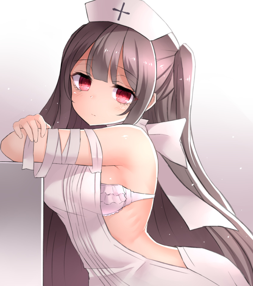 backless_outfit bandage bangs blunt_bangs blush bra breasts brown_hair commentary_request gradient gradient_background hat highres medium_breasts meme_attire minai_karte neit_ni_sei nurse_cap side_ponytail sleeveless solo sweatdrop underwear violet_eyes virgin_killer_sweater virtual_clinic virtual_youtuber