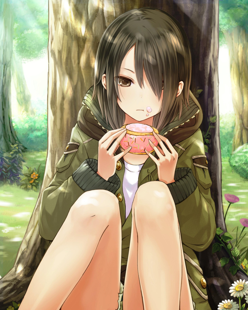 1girl absurdres against_tree brown_eyes brown_hair cream cream_on_face daisy day flower food food_on_face green_coat hair_between_eyes hair_over_one_eye highres holding holding_food looking_at_viewer outdoors school_fanfare shirt short_hair sitting solo tree white_flower white_shirt