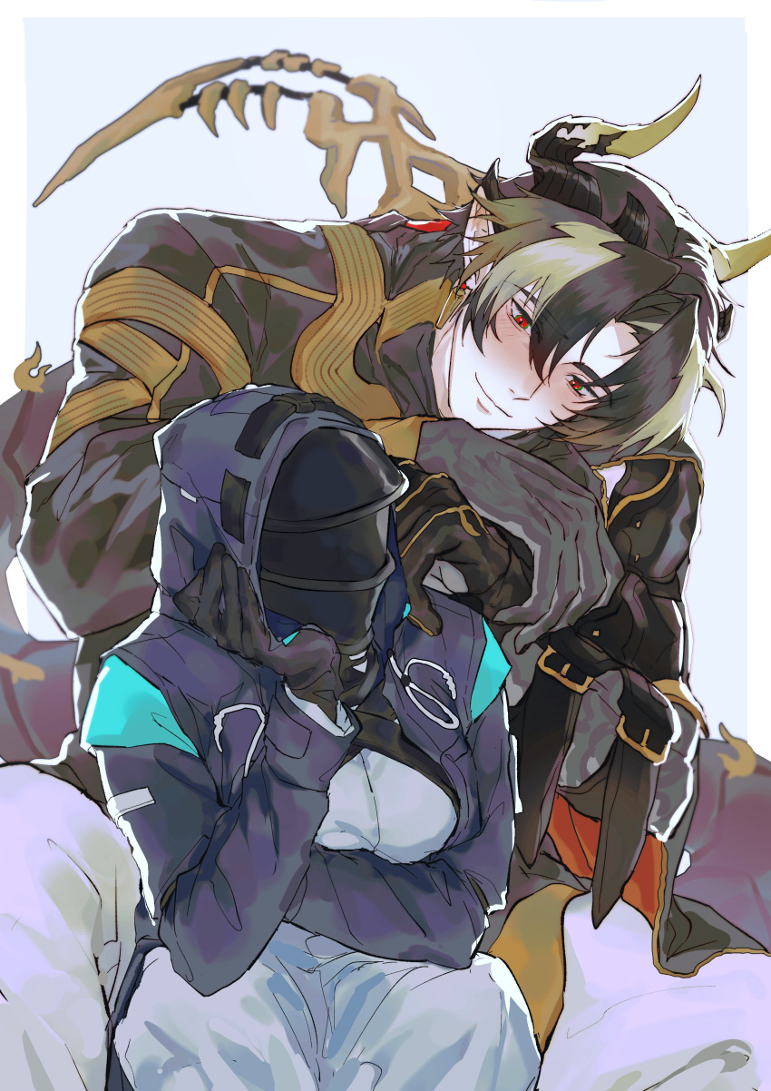 1boy 1girl absurdres arknights armor black_coat black_gloves black_hair black_nails blonde_hair blue_background blush chong_yue_(arknights) closed_mouth coat collared_coat colored_extremities commentary_request doctor_(arknights) dragon_boy dragon_horns dragon_tail earrings female_doctor_(arknights) gloves hand_on_own_face hands_on_another's_shoulders hetero highres hood hood_up hooded_coat horns jewelry korean_commentary long_hair long_sleeves long_tail looking_at_another low_ponytail mask multicolored_hair open_clothes open_coat pants pauldrons pointy_ears red_eyes rerebrace shoulder_armor simple_background single_glove single_pauldron single_sleeve sitting sitting_on_lap sitting_on_person smile streaked_hair tail upper_body walhee221