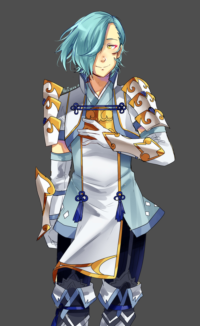 1boy blue_hair fire_emblem fire_emblem_if gloves grey_background hair_over_one_eye highres japanese_clothes looking_at_viewer shigure_(fire_emblem_if) simple_background smile solo