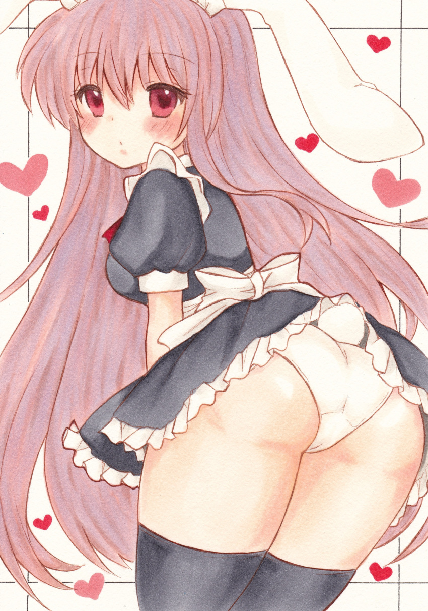 1girl absurdres alternate_costume animal_ears apron ass bent_over black_dress black_legwear blush breasts bunny_tail commentary cowboy_shot dress enmaided eyebrows_visible_through_hair eyelashes from_behind grid_background heart highres large_breasts long_hair looking_at_viewer maid purple_hair rabbit_ears red_eyes reisen_udongein_inaba ria_(pixiv30053072) short_dress solo standing tail texture thigh-highs thighs touhou traditional_media white_background