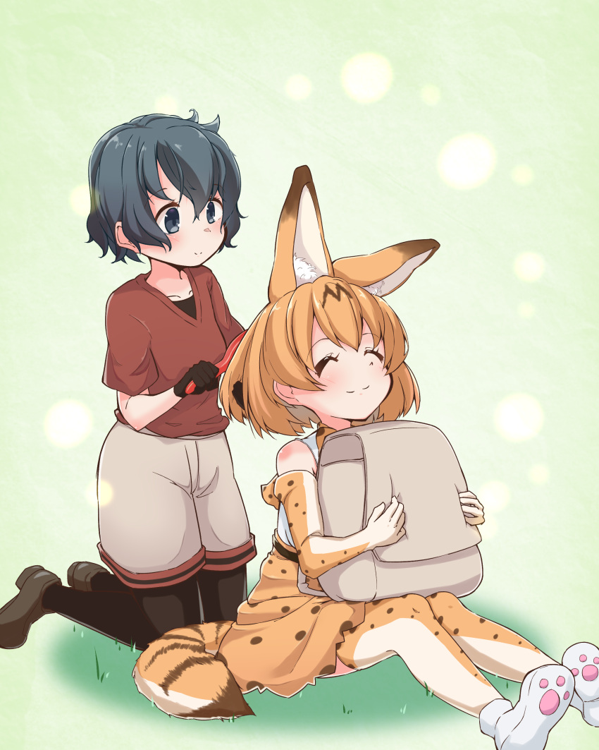 2girls absurdres animal_ears backpack bag bare_shoulders black_hair blonde_hair blush commentary_request eyebrows_visible_through_hair gloves hair_brush hair_brushing hat hat_removed headwear_removed highres hiyama_yuki holding_object kaban_(kemono_friends) kemono_friends kneeling loafers multicolored_hair multiple_girls pantyhose paw_print serval_(kemono_friends) serval_ears serval_print serval_tail shirt shoes short_hair short_sleeves shorts sitting skirt smile t-shirt tail thigh-highs
