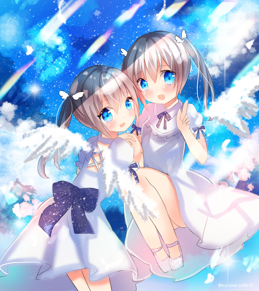 2girls :d bangs blue_eyes blue_sky blush bow clouds commentary_request dress eyebrows_visible_through_hair hair_between_eyes hands_clasped head_tilt highres index_finger_raised kohaku_muro light_brown_hair looking_at_viewer multiple_girls open_mouth original own_hands_together puffy_short_sleeves puffy_sleeves purple_bow shoes short_sleeves sitting sky smile standing twintails twitter_username white_dress white_footwear wing_hair_ornament