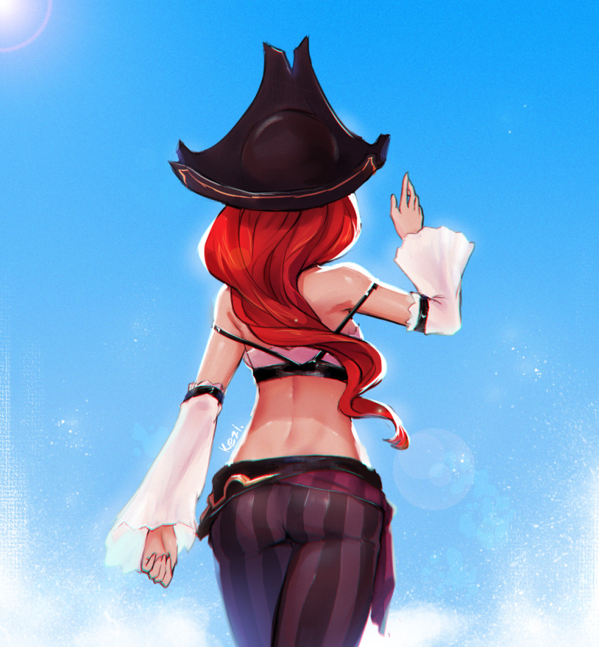 1girl arm_at_side arm_up artist_name ass back bare_back bare_shoulders black_hat blue_sky day derivative_work detached_sleeves facing_away hat kezi league_of_legends lens_flare long_hair long_sleeves outdoors pants pirate_hat purple_pants redhead sarah_fortune sky solo strap_slip striped sun sunlight vertical-striped_pants vertical_stripes