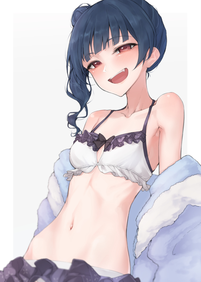 1girl :d bangs bare_shoulders bikini blue_hair blunt_bangs blush bow bow_bikini breasts collarbone commentary_request eyebrows_visible_through_hair frilled_bikini frills fur_trim grey_background hair_bun half-closed_eyes highres long_hair looking_at_viewer love_live! love_live!_sunshine!! nasuno_(nasuno42) navel off_shoulder open_mouth red_eyes side_bun simple_background small_breasts smile solo stomach swimsuit tsushima_yoshiko upper_body upper_teeth white_bikini