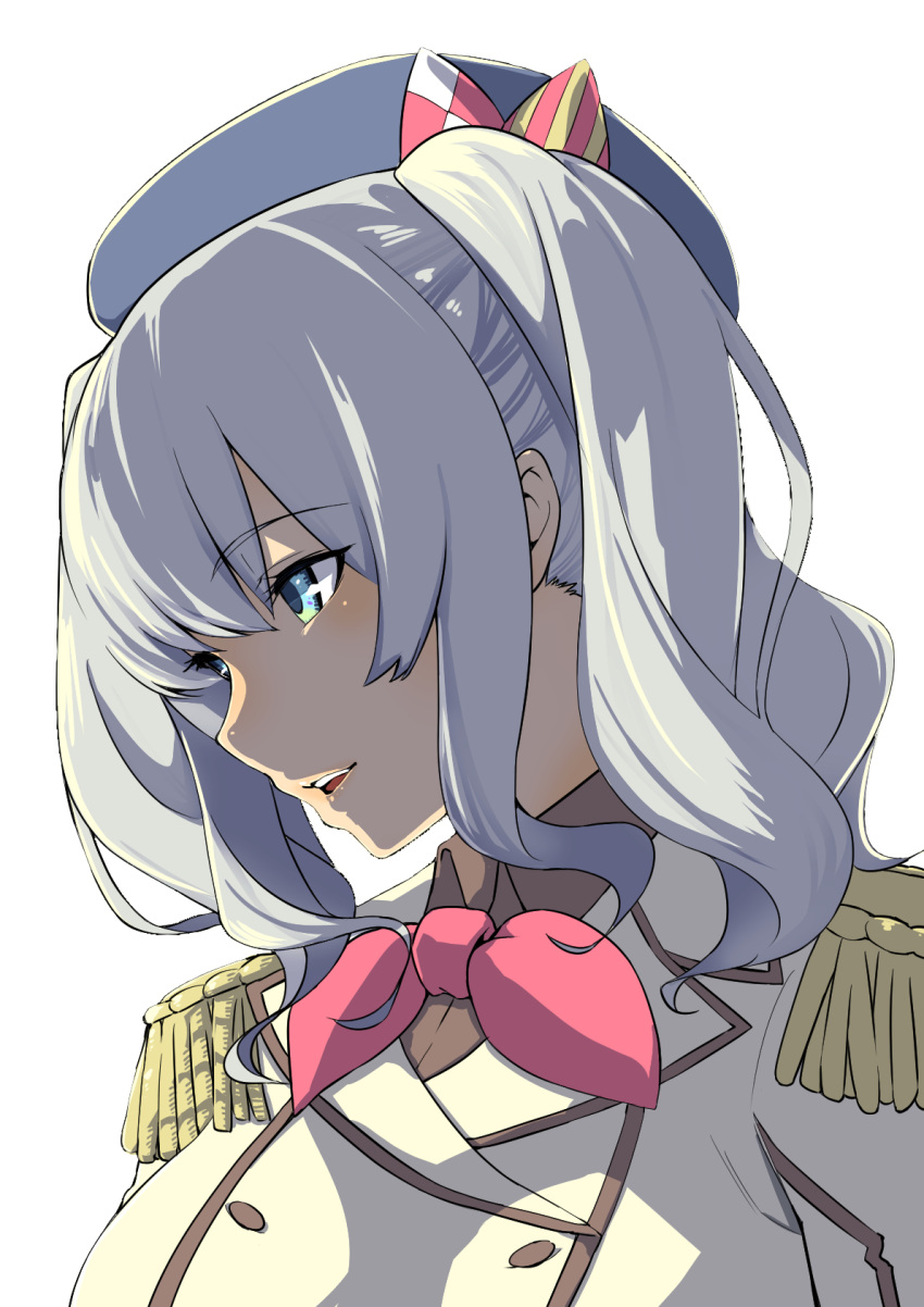 1girl bangs beret blue_eyes blush breasts buttons close-up collared_shirt commentary double-breasted epaulettes eyebrows_visible_through_hair face grey_shirt hair_between_eyes hat highres jacket kantai_collection kashima_(kantai_collection) kerchief large_breasts lips long_sleeves looking_afar looking_away military military_jacket military_uniform neckerchief open_mouth opyonn portrait profile red_neckwear shirt sidelocks silver_hair solo tsurime twintails uniform wavy_hair white_jacket